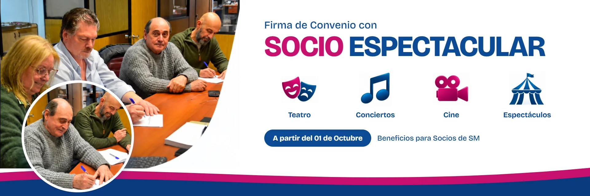 Firma de convenio con Socio Espectacular: integrantes de Servicio Mutuo firmando el acuerdo. Teatro, conciertos, cine y espectáculos. A partir del 01 de octubre, beneficios para socios de Servicio Mutuo.