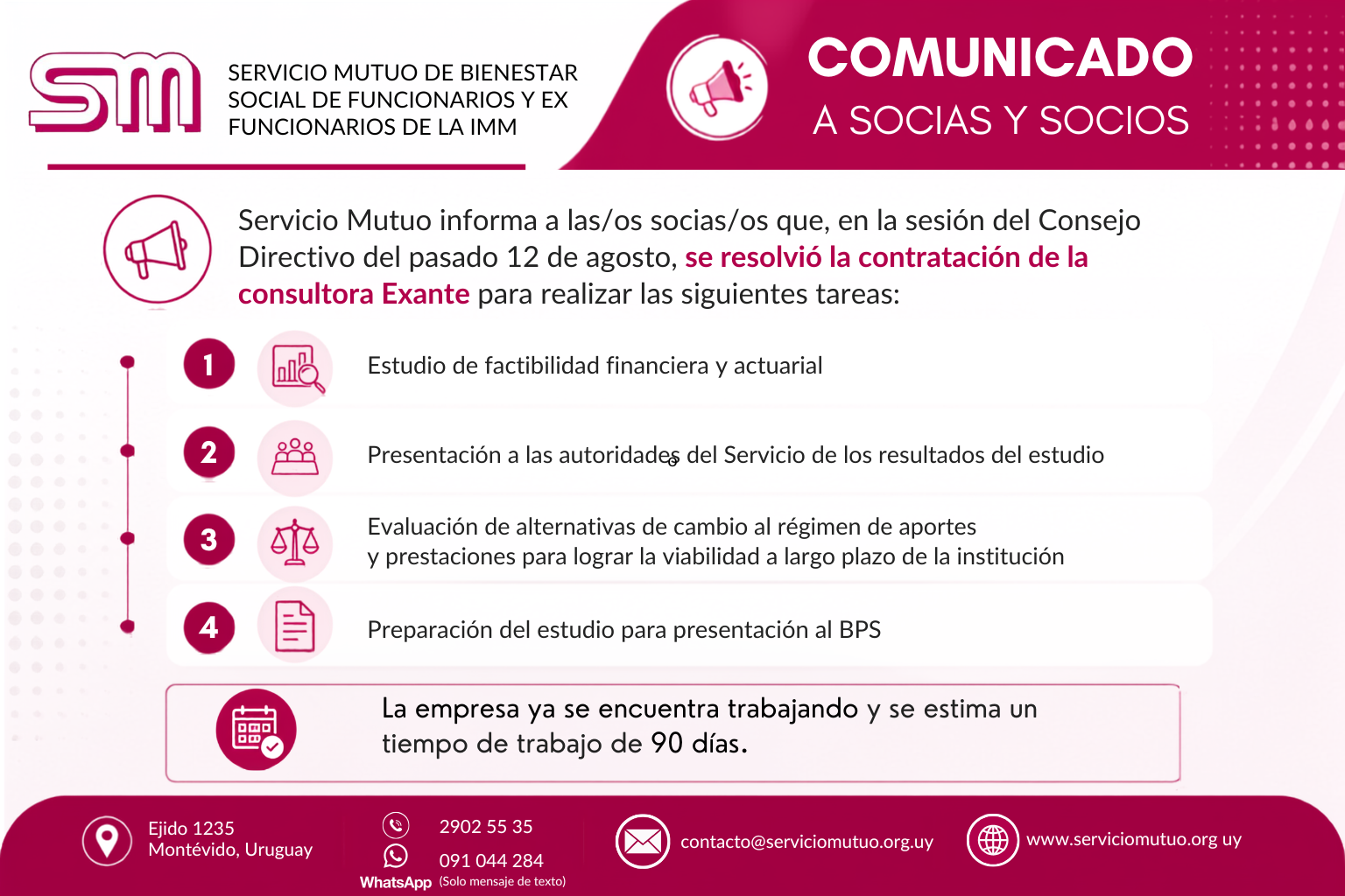 Comunicado a socias y socios: Servicio Mutuo informa que en la sesión del Consejo Directivo del pasado 12 de agosto se resolvió la contratación de la consultora Exante para: 1) estudio de factibilidad financiera y actuarial, 2) presentación a las autoridades del Servicio de los resultados del estudio, 3) evaluación de alternativas de cambio al régimen de aportes y prestaciones para lograr la viabilidad a largo plazo de la institución, y 4) preparación del estudio para presentación al BPS. La empresa ya se encuentra trabajando y se estima un tiempo de trabajo de 90 días.