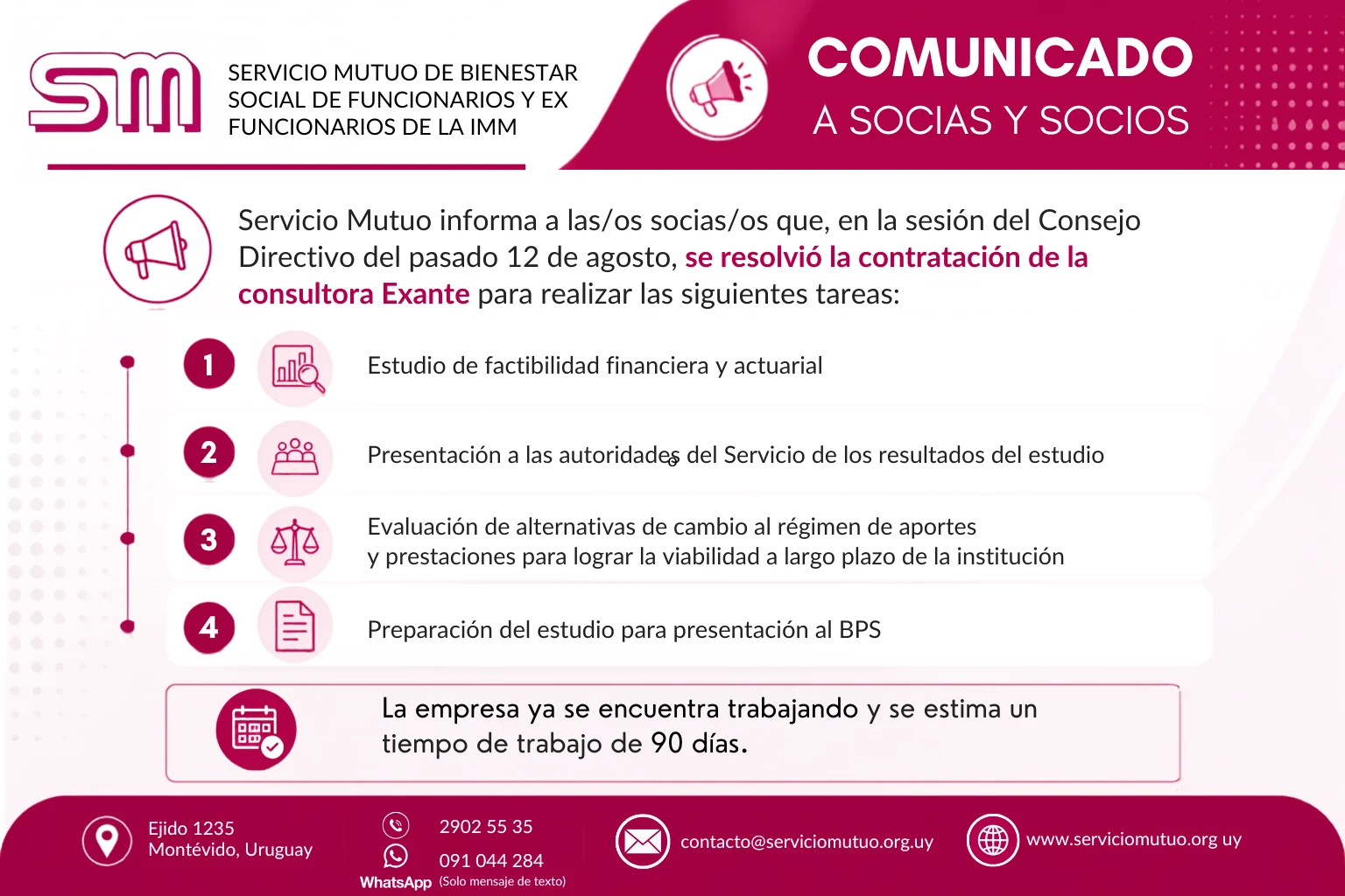Comunicado a socias y socios: Servicio Mutuo informa que en la sesión del Consejo Directivo del pasado 12 de agosto se resolvió la contratación de la consultora Exante para: 1) estudio de factibilidad financiera y actuarial, 2) presentación a las autoridades del Servicio de los resultados del estudio, 3) evaluación de alternativas de cambio al régimen de aportes y prestaciones para lograr la viabilidad a largo plazo de la institución, y 4) preparación del estudio para presentación al BPS. La empresa ya se encuentra trabajando y se estima un tiempo de trabajo de 90 días.