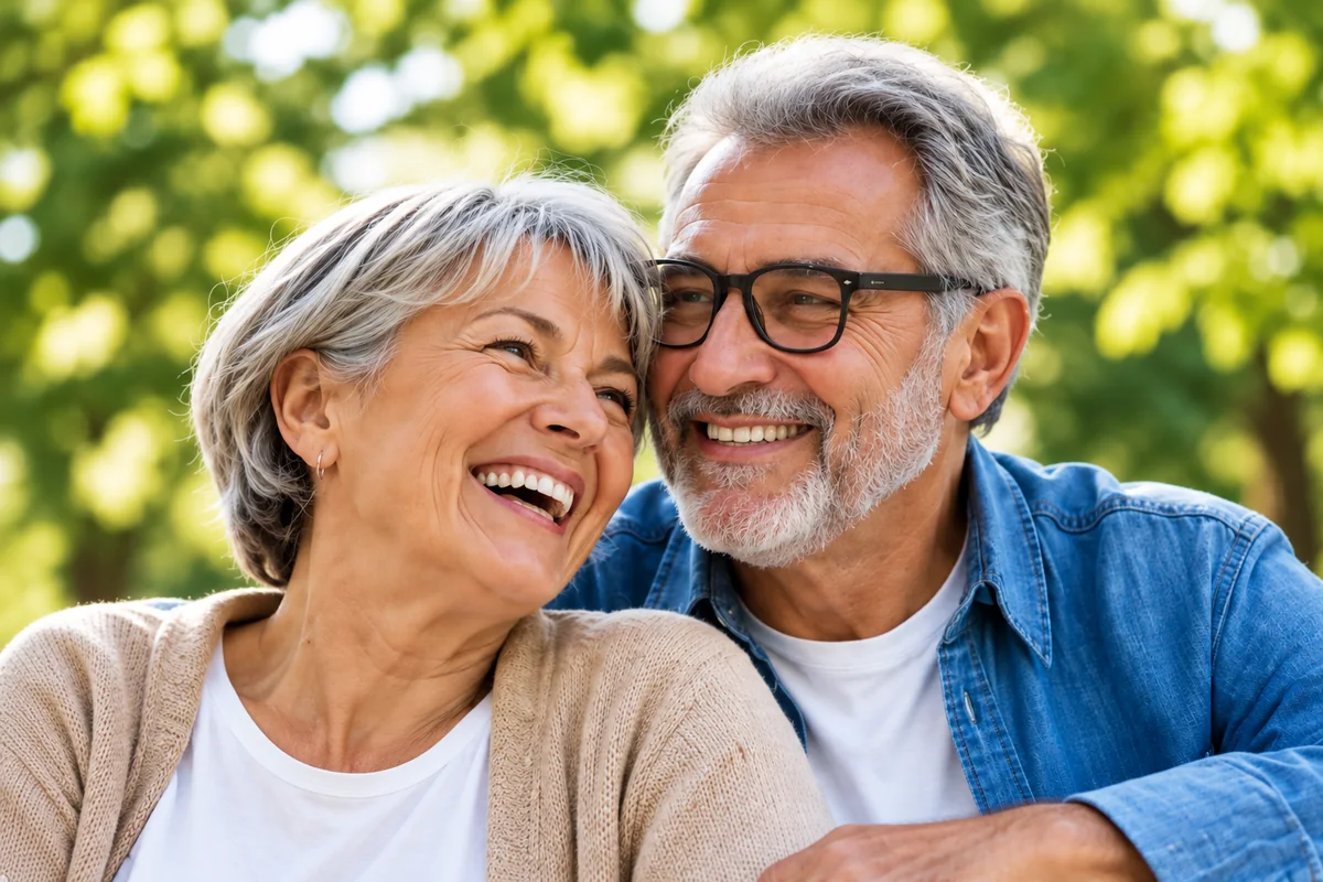 Pareja de socios jubilados sonriendo al aire libre, en un día soleado